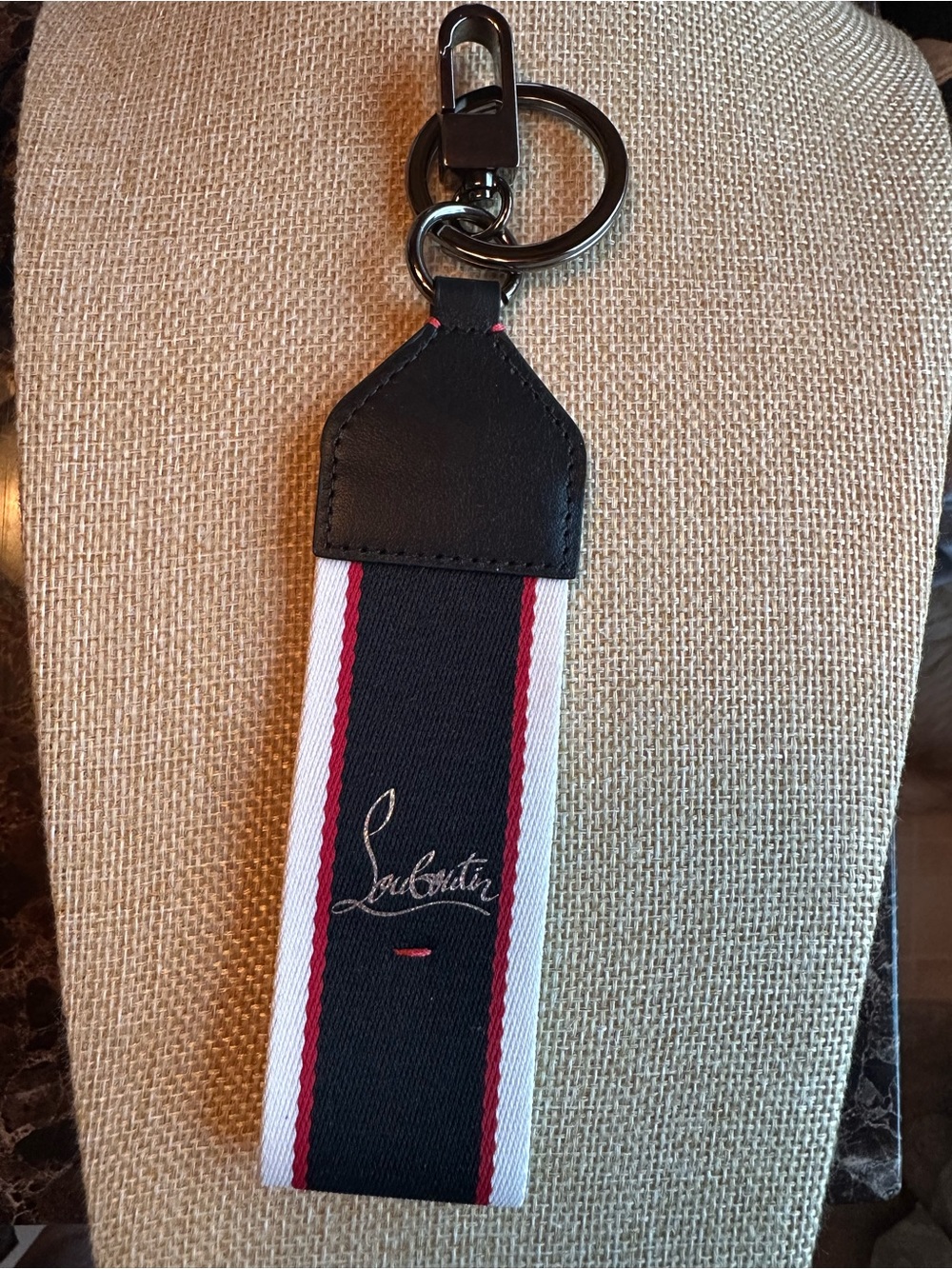 Christian Louboutin Navy, White & Red Signature Strap Keychain